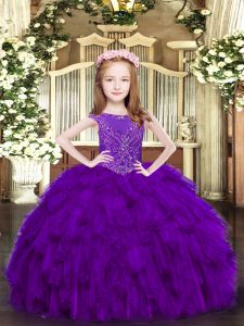 Graceful scoop sin mangas niña vestido de la longitud del piso rebordear y volantes organza púrpura