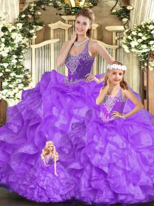Correas elegantes sin mangas con cordones vestidos de quinceañera berenjena organza púrpura