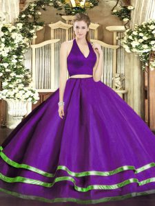 Cremallera púrpura halter top volantes capas dulce 16 vestido de tul sin mangas