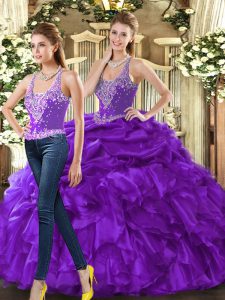 Personalizado hasta el suelo berenjena púrpura quinceañera vestido correas sin mangas con cordones