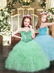 Vestidos lujosos de bola verde manzana abalorios y volantes y recogidos vestido de desfile de niñas pequeñas hasta la fecha sin mangas hasta el suelo