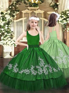 Scoop vestidos de concurso sin mangas para niñas longitud del piso rebordear y apliques de tafetán verde oscuro