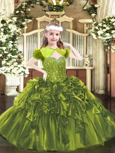 Grandes vestidos de bola verde oliva abalorios y volantes vestidos de desfile de niña pequeños con cordones hasta el suelo sin mangas de organza
