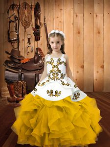 Vestidos de gala maravillosos niña desfile vestidos de oro organza longitud del piso sin mangas de encaje hasta