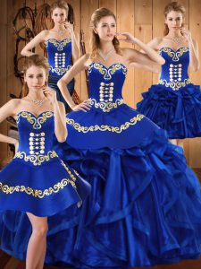 El más popular vestido de organza sin mangas con cordones, bordados y volantes vestidos de quinceañera en azul real