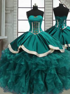 Único vestido de fiesta de color verde azulado vestido de fiesta dulce 16 y quinceañera con abalorios y volantes sin mangas con cordones