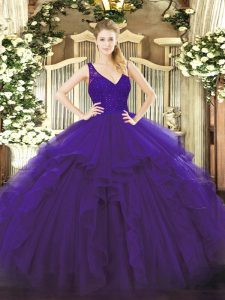 Organza púrpura cremallera dulce 16 vestido de quinceañera sin mangas hasta el suelo abalorios y volantes