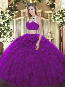 Moderno largo del piso púrpura dulce 16 vestido de quinceañera tul sin mangas abalorios y volantes