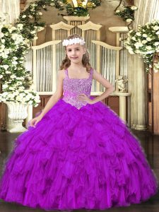 Exquisitas correas de color púrpura con cordones y volantes vestidos de desfile para niñas sin mangas