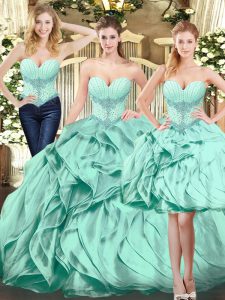 Lujoso color verde manzana con cordones de novia y volantes de quinceañera vestidos de organza sin mangas