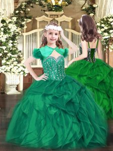 Encantador vestido de organza sin mangas hasta el suelo con cordones en vestidos de color verde oscuro con cuentas y volantes