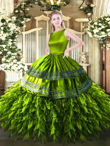 Adecuado verde oliva sin mangas volantes longitud del piso dulce 16 vestidos