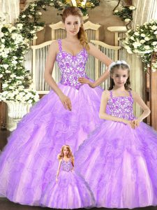 Maravilloso organza sin mangas hasta el suelo con cordones vestido de quinceañera en color lila con abalorios y volantes