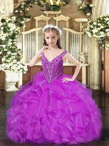 Vestidos de fiesta de color púrpura organza con cuello en v sin mangas abalorios y volantes hasta el suelo con cordones vestido de niña pequeña vestido