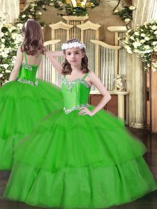 Correas verdes de encaje hasta abalorios y capas con volantes niñas vestido del desfile sin mangas