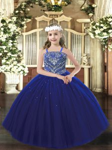 Longitud del piso elegante para los niños ropa formal azul real para fiesta y quinceañera con abalorios