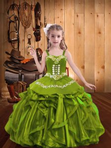 Corte personalizado organza verde oliva con cordones correas sin mangas hasta el suelo niños desfile vestido bordado y volantes