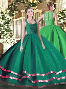 Cremallera verde oscuro dulce 16 vestido de quinceañera capas con volantes y fruncido longitud del piso sin mangas