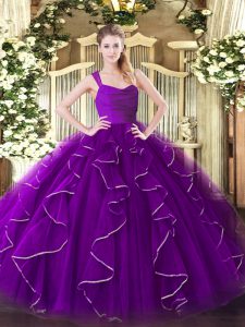 Correas elegantes sin mangas vestido de fiesta vestido de fiesta hasta el suelo volantes de organza púrpura