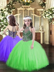 Llamativos largos hasta el suelo vestidos de bola sin mangas verde niña vestidos de concurso de encaje hasta