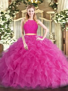 La mejor longitud del piso sin mangas con volantes cremallera dulce 16 vestido con rosa fuerte