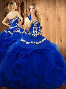 Vestidos de fiesta azul bordados y volantes vestidos de quinceañera con cordones hasta el suelo sin mangas
