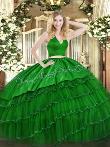 Cremallera adecuada de tul verde 15 vestido de quinceañera sin mangas hasta el suelo bordado