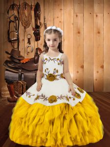 Vestido de adorno de oro para niñas pequeñas vestido bordado y volantes sin mangas hasta el suelo