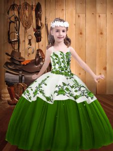 Encaje de tul verde hasta correas sin mangas hasta el suelo vestido de desfile de niñas vestido por mayor bordado