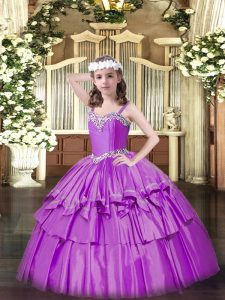 La organza lila personalizada ata para arriba el vestido del desfile de los niños vestido sin mangas hasta el suelo que rebordea y capas con volantes