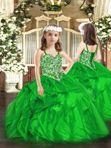 Palabra de longitud vestidos de color verde para niñas organza sin mangas abalorios y volantes