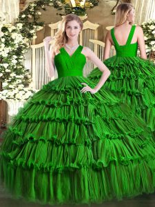Excepcionales vestidos de bola verde oscuro con volantes capas dulce 16 vestido de organza sin mangas hasta el suelo