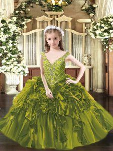 El último vestido de organza con cuello en v sin mangas con cordones y volantes vestido de niña pequeña en verde oliva