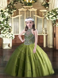 Beading moderno vestido del desfile de las niñas al por mayor verde oliva ata hasta la longitud del piso sin mangas