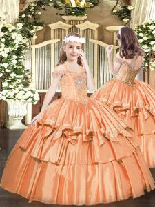 Con cordones de color naranja fuera del hombro, rebordeando y capas con volantes vestidos de desfile para las niñas organza sin mangas