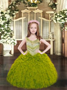 En venta hasta el suelo vestidos de bola sin mangas verde oliva vestido de niña pequeña vestido con cordones