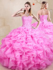 Diseño personalizado rosa rosa vestidos de bola abalorios y volantes de membrillo vestidos de bola de encaje hasta organza longitud del piso sin mangas