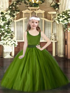Elegante abalorios niñas desfile vestido verde oliva cremallera sin mangas piso longitud