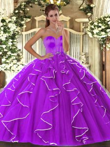 Berenjena púrpura escote corazón abalorios y volantes dulce 16 vestido de quinceañera sin mangas con cordones