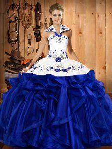 Azul real satinado y organza con cordones vestido de fiesta vestido de fiesta sin mangas hasta el suelo bordado y volantes