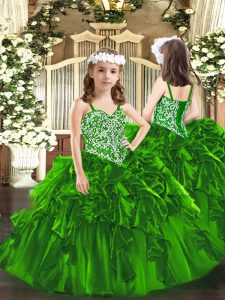 Correas verdes de encaje hasta abalorios y volantes niñas desfile vestidos sin mangas