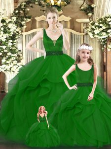 Encantadora longitud del piso vestido de quinceañera verde cremallera sin mangas con cuello en v