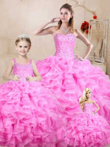 Vestidos de fiesta 15 vestido de quinceañera rosa rosa de organza sin mangas hasta el suelo con cordones