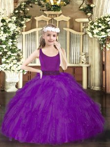 Hermosas chicas de tul púrpura con cremallera desfile vestidos sin mangas hasta el suelo abalorios
