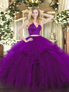 La mejor venta de organza sin mangas con cremallera sin mangas con volantes dulce 16 vestido de quinceañera en púrpura