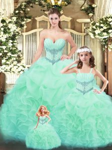 Manzana verde novia escote rebordear y volantes dulce 16 vestido de quinceañera sin mangas con cordones