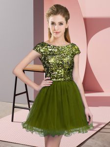 De gama alta de color verde oliva primicia cremallera lentejuelas quinceañera vestidos de corte gorro mangas
