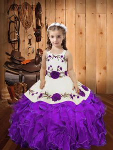 Berenjena púrpura con cordones, correas, bordados y volantes niñas vestido de organza sin mangas
