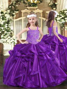 Fancy longitud del piso púrpura niños ropa formal organza sin mangas abalorios y volantes