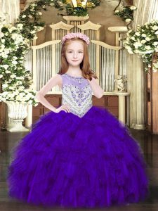 Organiza con cremallera púrpura vestido del desfile infantil sin mangas hasta el suelo rebordear y volantes